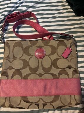 Coach Khaki Signature Canvas Crossbody with Pink Trim